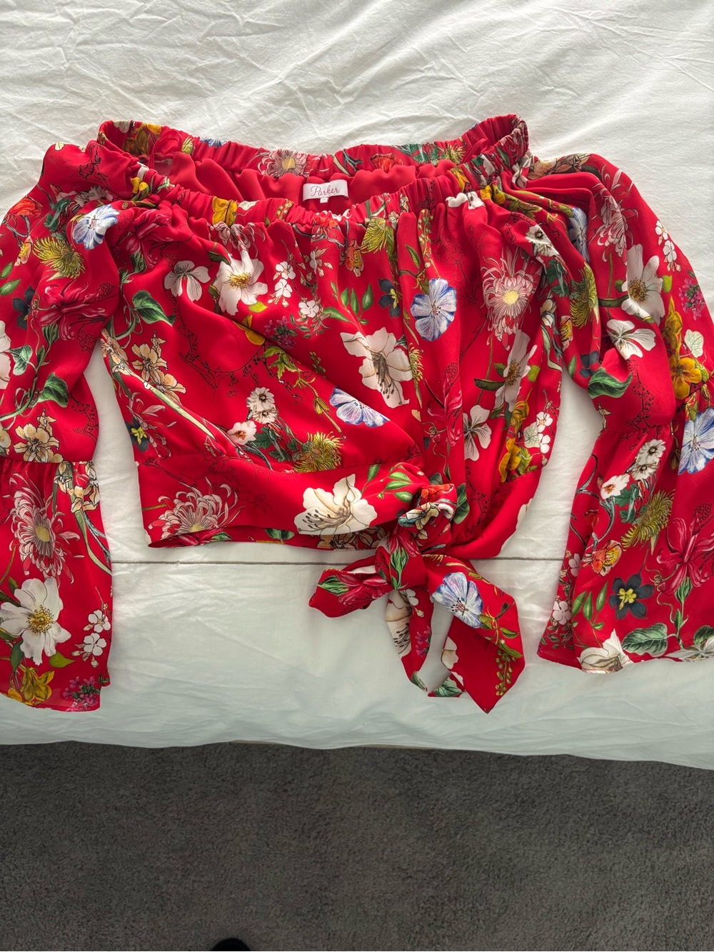 Parker Red Floral Off-Shoulder Tie Front Top